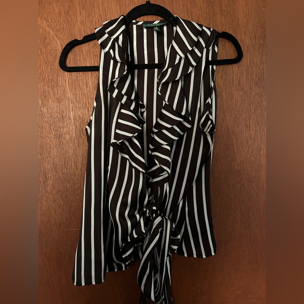 Ralph Lauren women’s ruffled sleeveless blouse- L, brown and white stripes